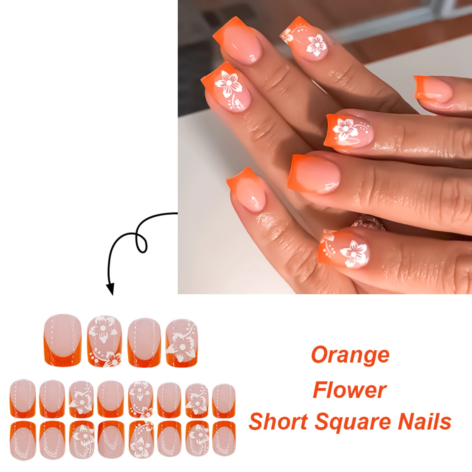 Orange French Tip Fake Nails with Designs White Flower Printed Press on Nails Short Square Ballet Full Cover False Nails Tips