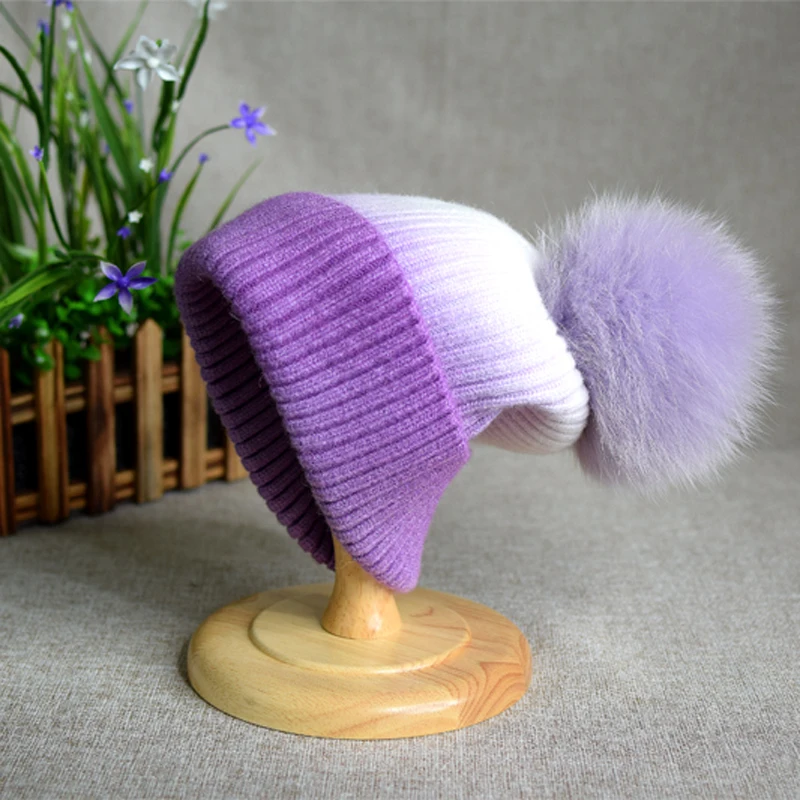 24Popular Tie Dyed Gradient True Fox Hair Ball Hat for Women's Autumn and Winter Warm Ear Protection Cashmere Knitted Woolen Hat