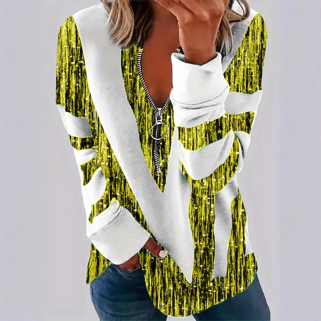 Novo casual confortável e elegante meio zip polo pescoço ombro feminino topo 3d listra impressão plus size roupas femininas