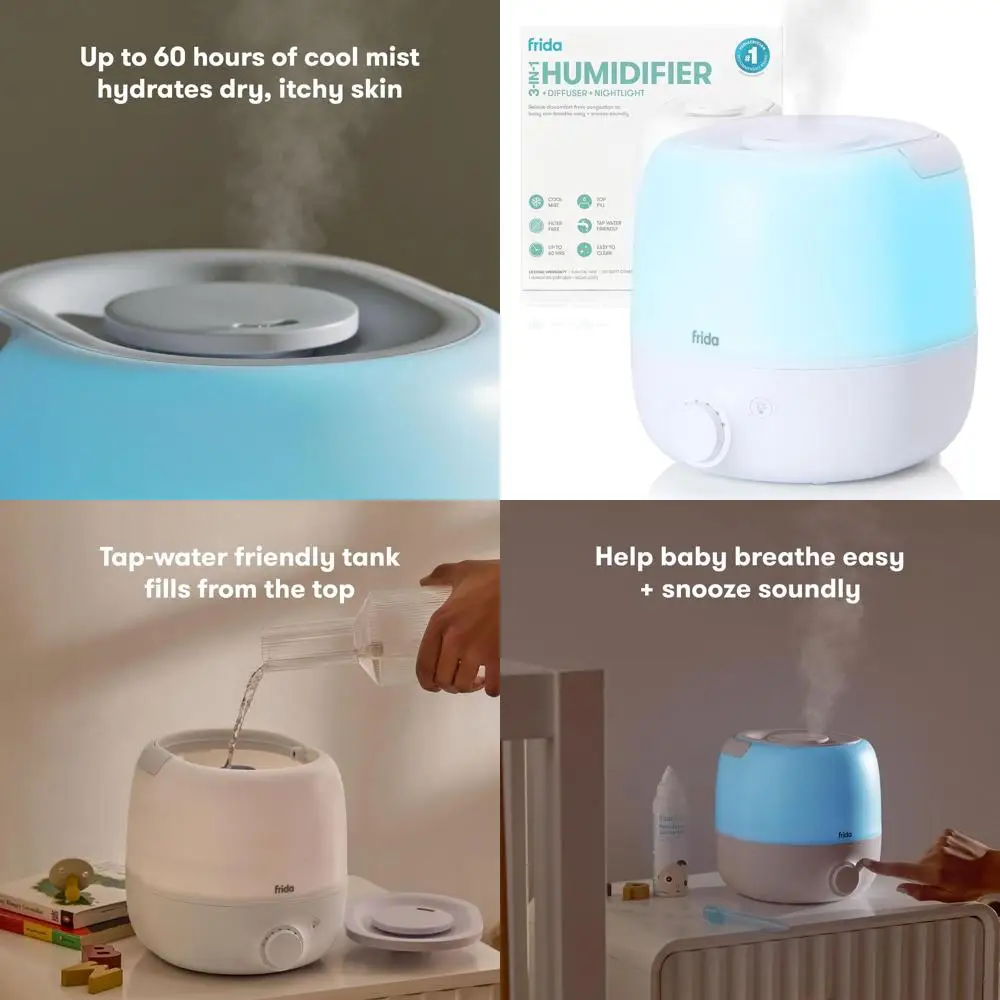 

Увлажнитель воздуха для больших помещений с верхним наполнением, 60-часовой автономной работой, ночником, автоматическим отключением, бесшумной работой, ручкой для переноски и функцией добавления эфирных масел.