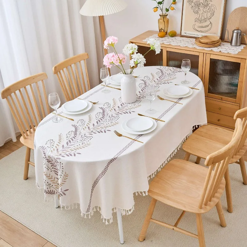 Oval Cotton and Linen Embroidered Tablecloth Waterproof Oil-proof Anti-scalding and Wear-resistant Coffee Table New Table Mat