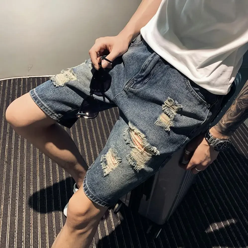 Male Denim Shorts Long Half Ripped Bermuda Men's Short Jeans Pants Designer Popular Xl Thin Harajuku Trend 2024 Cowboy Summer