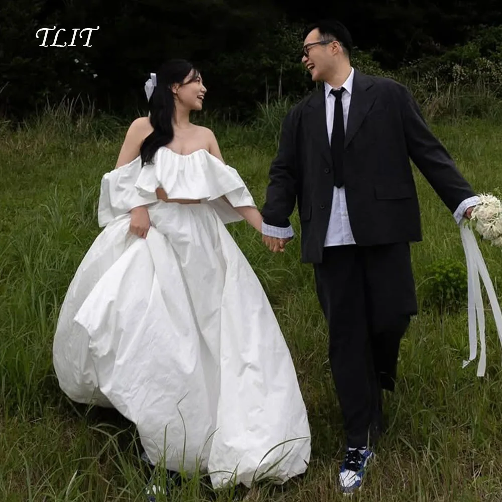 TLIT فستان زفاف أنيق من التفتا الأبيض مكون من قطعتين بدون حمالات بدون أكتاف فستان حفلات كوري فستان الزفاف صور تبادل لاطلاق النار حسب الطلب