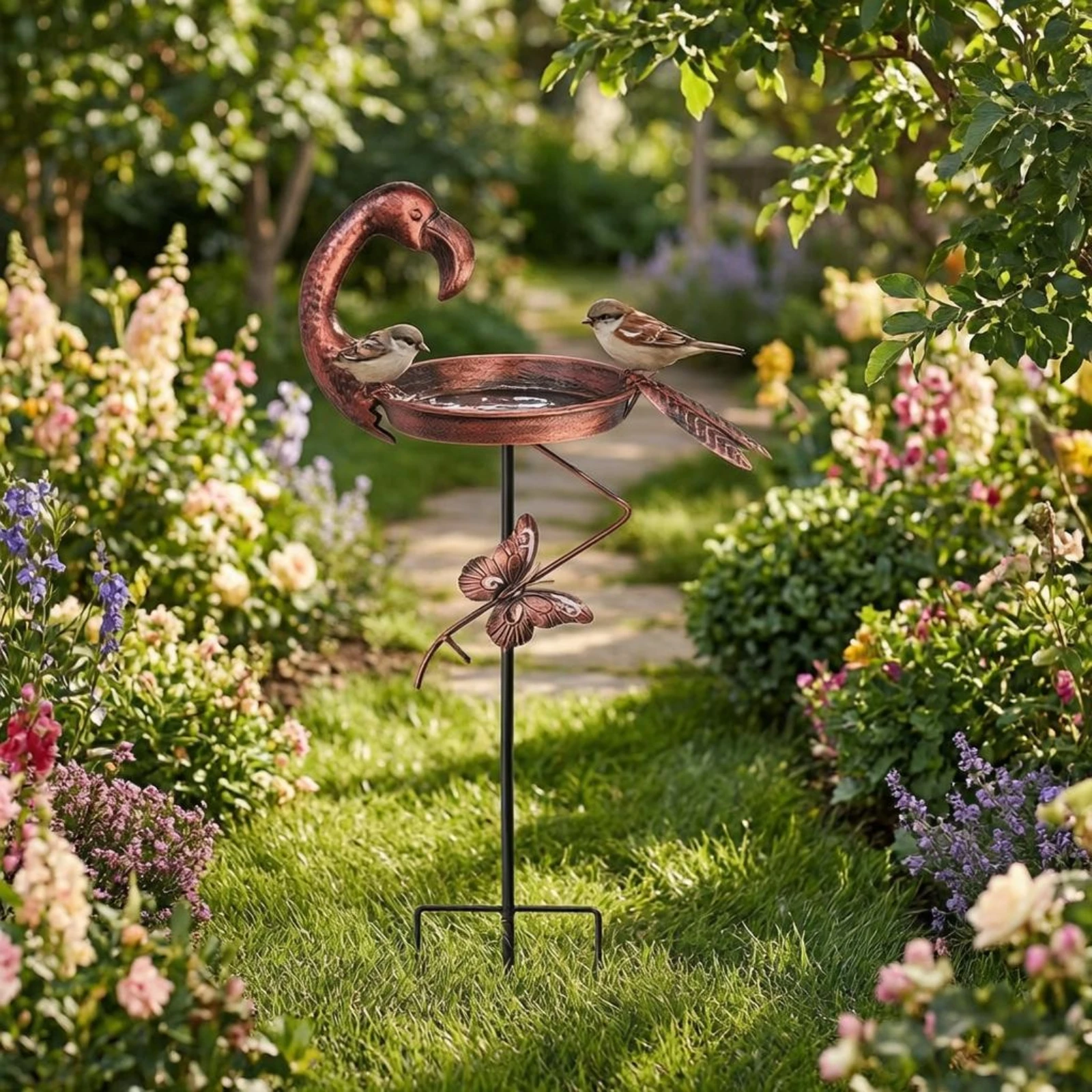 Flamingo Bird Bath Shallow Round Bowl Stake Bird Bath Garden Decor Ground Prong Base Freestanding for Lawn, Yard view 4