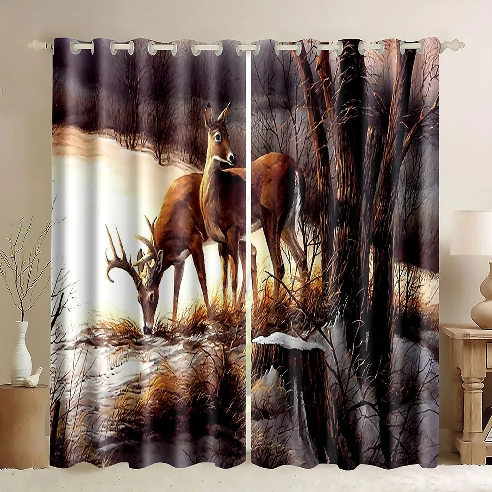 Deer Window Curtains Wildlife Animal Theme Whitetail Deer Elk Herd in Fall Forest Print Curtains Rod Pocket Blackout Curtains