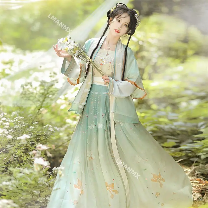 

Женская куртка в стиле Song Hanfu с элементами Han, цельная юбка длиной до талии, летний комплект из четырех предметов