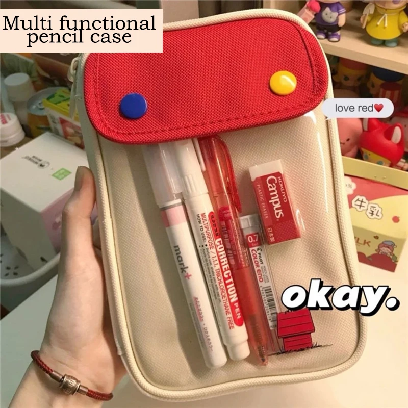 Large Capacity Pencil Bag Retro Contrast Color Student Pencil Case Multifunction Canvas Zipper Stationery Storage Bag 2024