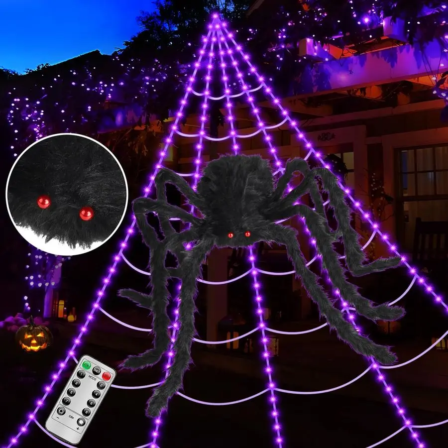 

Проектор для Хэллоуина HD Dynamic Giant Spider, яркий набор светильников в виде паутины, 250 фиолетовых светодиодов, 8 режимов, гигантская паутина длиной 16,4 фута.