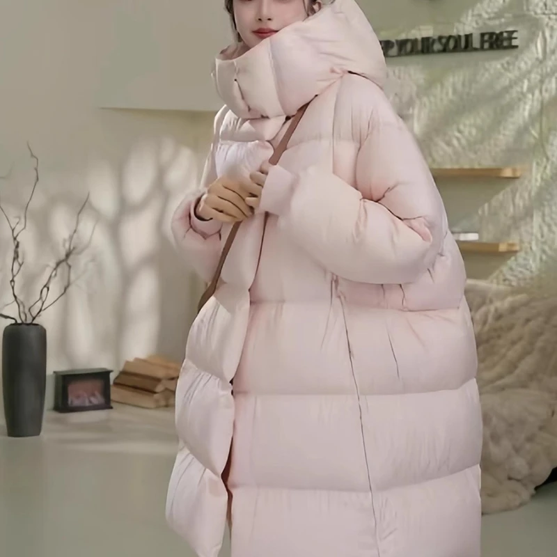 Coffee Colored Puffy Hooded Down Jacket, Korean Version Medium To Long Thick and Warm Loose Jacket, Women 2025 Winter New Style