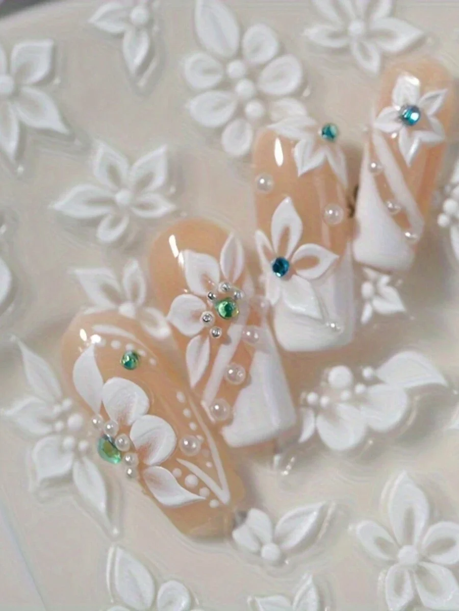

3D-наклейки для ногтей с цветочным узором, белые 3D-декоративные наклейки для маникюра, аксессуары для женщин