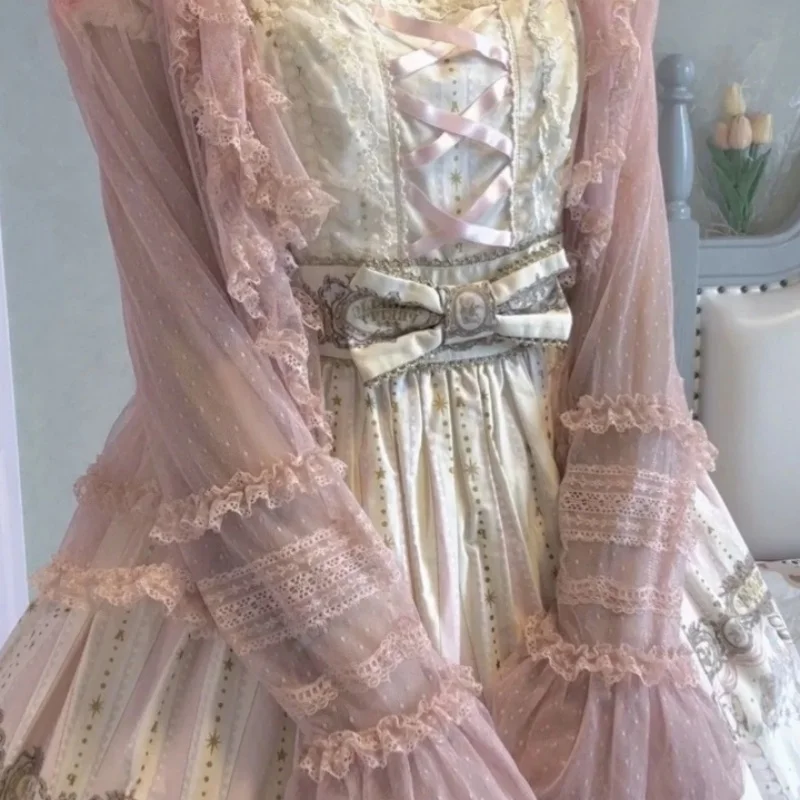 로리타 스윗 큐트 시스루 가디건 셔츠 여성용 레이스 러플 라운드넥 긴팔 탑 얇은 원사 카와이 소프트 블라우스 숄