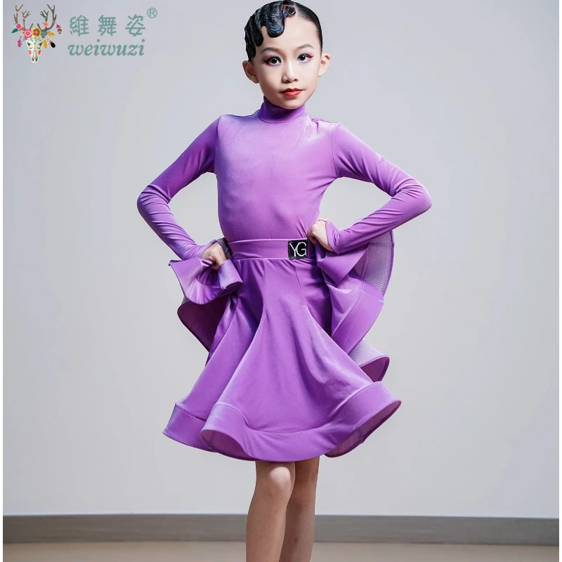 

Тонкий бархатный костюм для соревнований по латинским танцам с высоким воротом, одежда для танцевальной практики ча-ча, боди, юбка, одежда для выступлений самбы для девочек