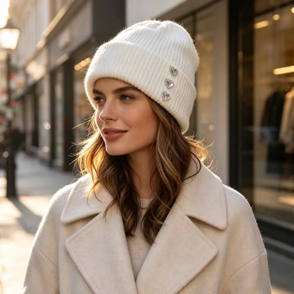 Winter Knitted Hat for Women Heart Rhinestone Knitted Hat Women Glitter Winter Warm Stretchy Knit Cap for Wear for Weather