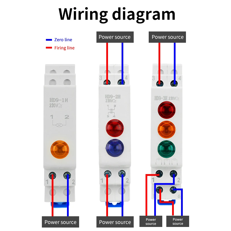 HD9 DIN montage sur Rail LED lampe de signalisation série 9mm 18mm 220V indiquant des feux pilotes rouge bleu jaune vert Signal d'alimentation