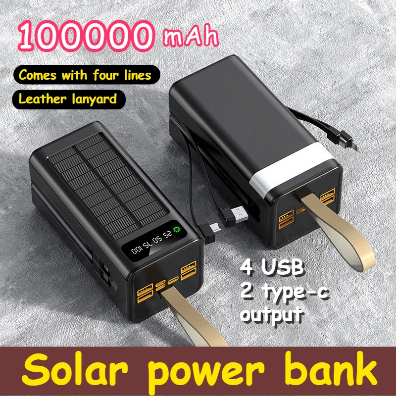 

Fast Charging Power Bank Solar Charger Powerbank 100000mAh Built-in Cables LED Light Power Bank for IPhone Huawei Samsung Xiaomi
