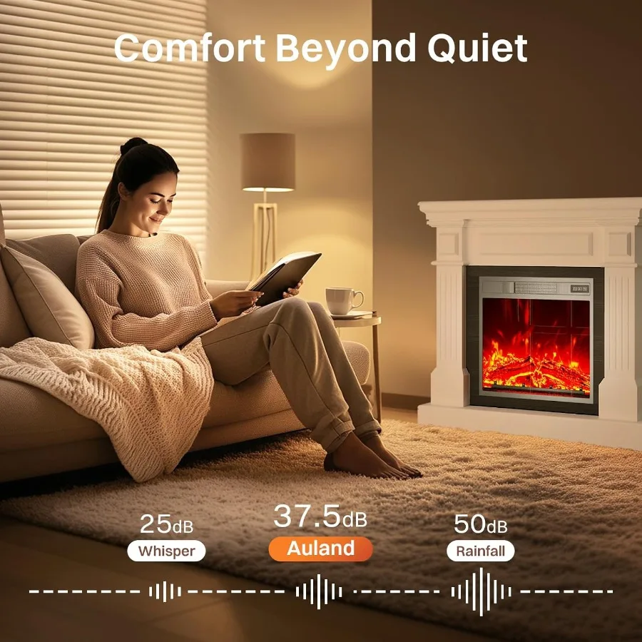 35 مدفأة كهربائية مع رف 18 بوصة مدفأة كهربائية واقعية للغاية ثلاثية الأبعاد لهب زر التحكم عن بعد مدفأة بيضاء Ma