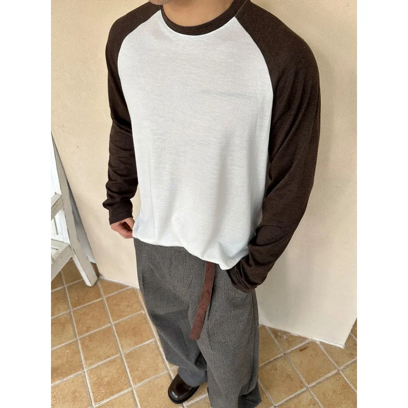 EME Merino الصوف كم طويل ريترو الأساسية عارضة طاقم الرقبة راجلان كم قاعدة قميص تي شيرت أعلى للرجال والنساء #5