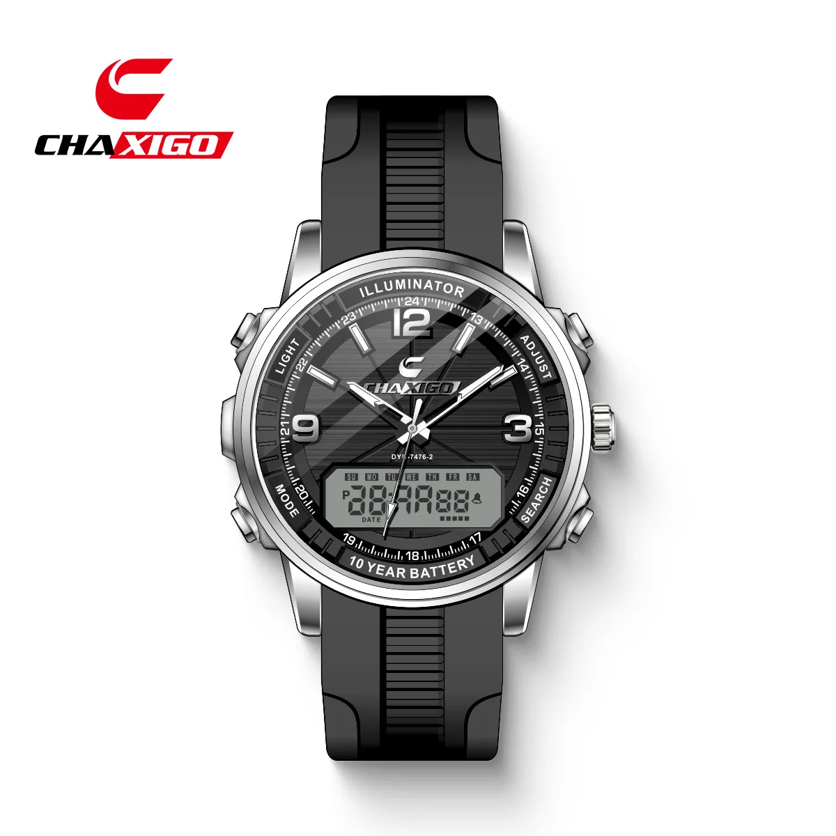 CHAXIGO 7476 marque à la mode électronique double affichage montre pour hommes étanche veilleuse décontracté bracelet en Silicone montres pour homme