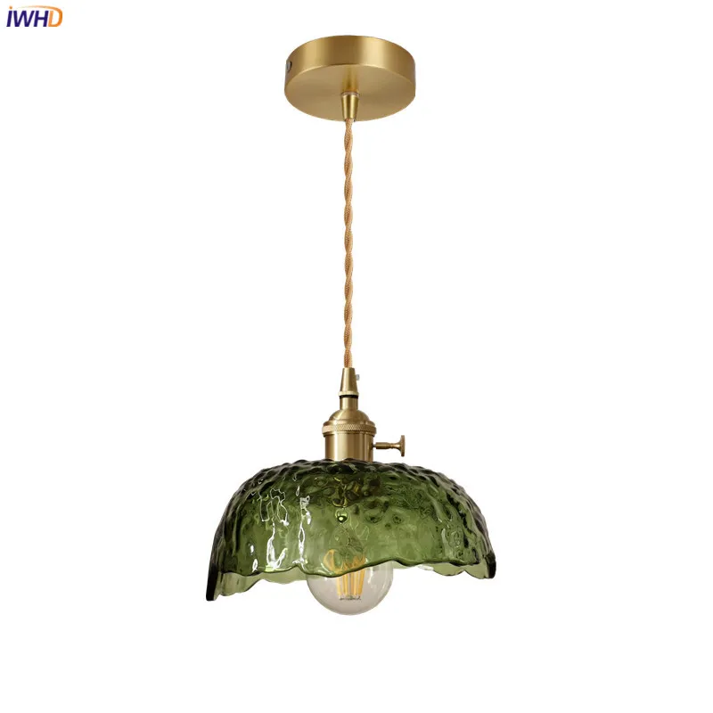 

IWHD Nordic Green Glass LED Hanging Lamp Home Decor Indoor Lighting Copper Switch Bedroom Living Room Modern Pendant Light