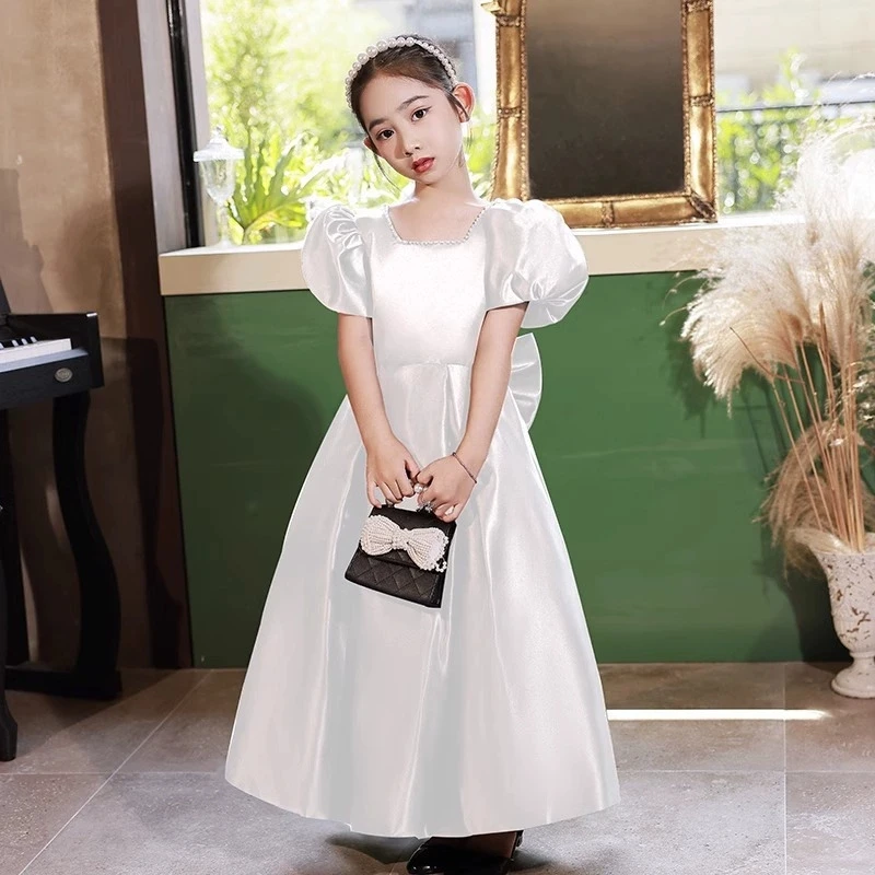 

Новое белое детское праздничное платье для девочек с французскими пышными рукавами, для выступлений на фортепиано, для девочек-цветочниц, для конкурсов красоты и торжественных мероприятий