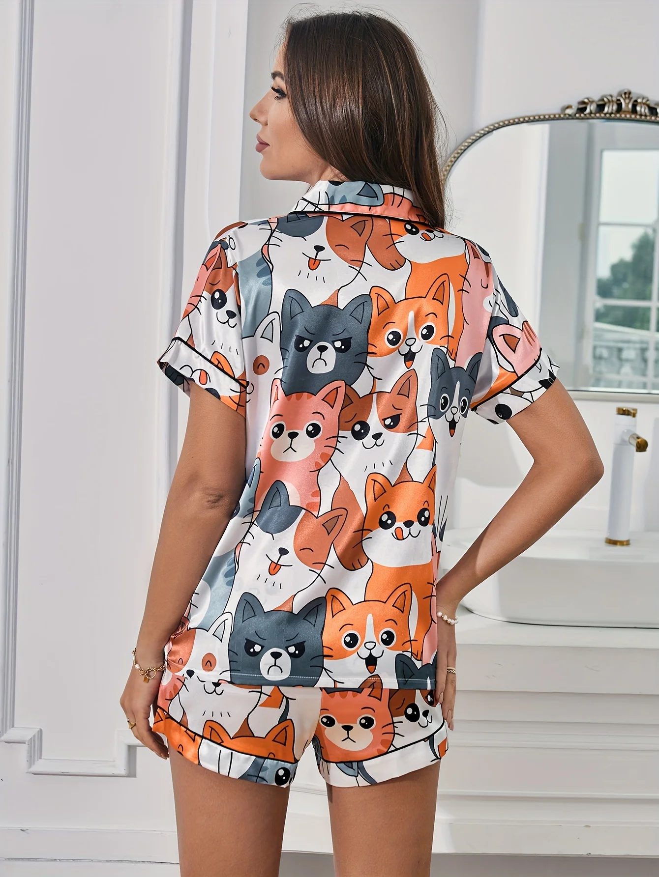 Cute Cat & Puppy Print Satin Pajama Set Short Sleeve Buttons Lapel Top & Elastic Shorts Women\'s Sleepwear