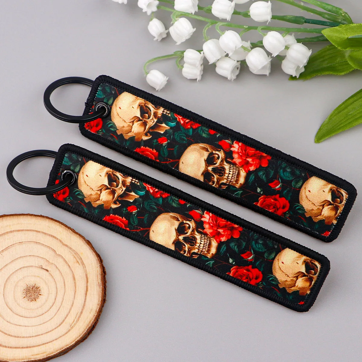 Skull Embroidery Key Fobs Cool Key Tags Keychain For Motorcycles Cars Key Ring Accessories Halloween Jewelry Chaveiro Gifts