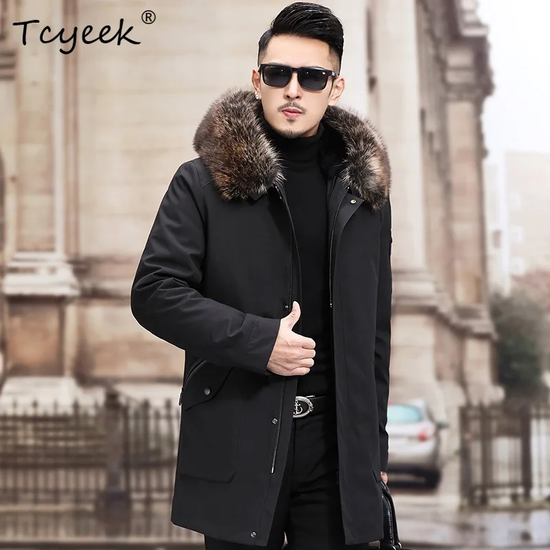 

Tcyeek Real Rabbit Fur Coat Men Mid-length Parka 2025 Warm Raccoon Fur Collar Mens Coats Winter Clothes Chic Куртка Мужская