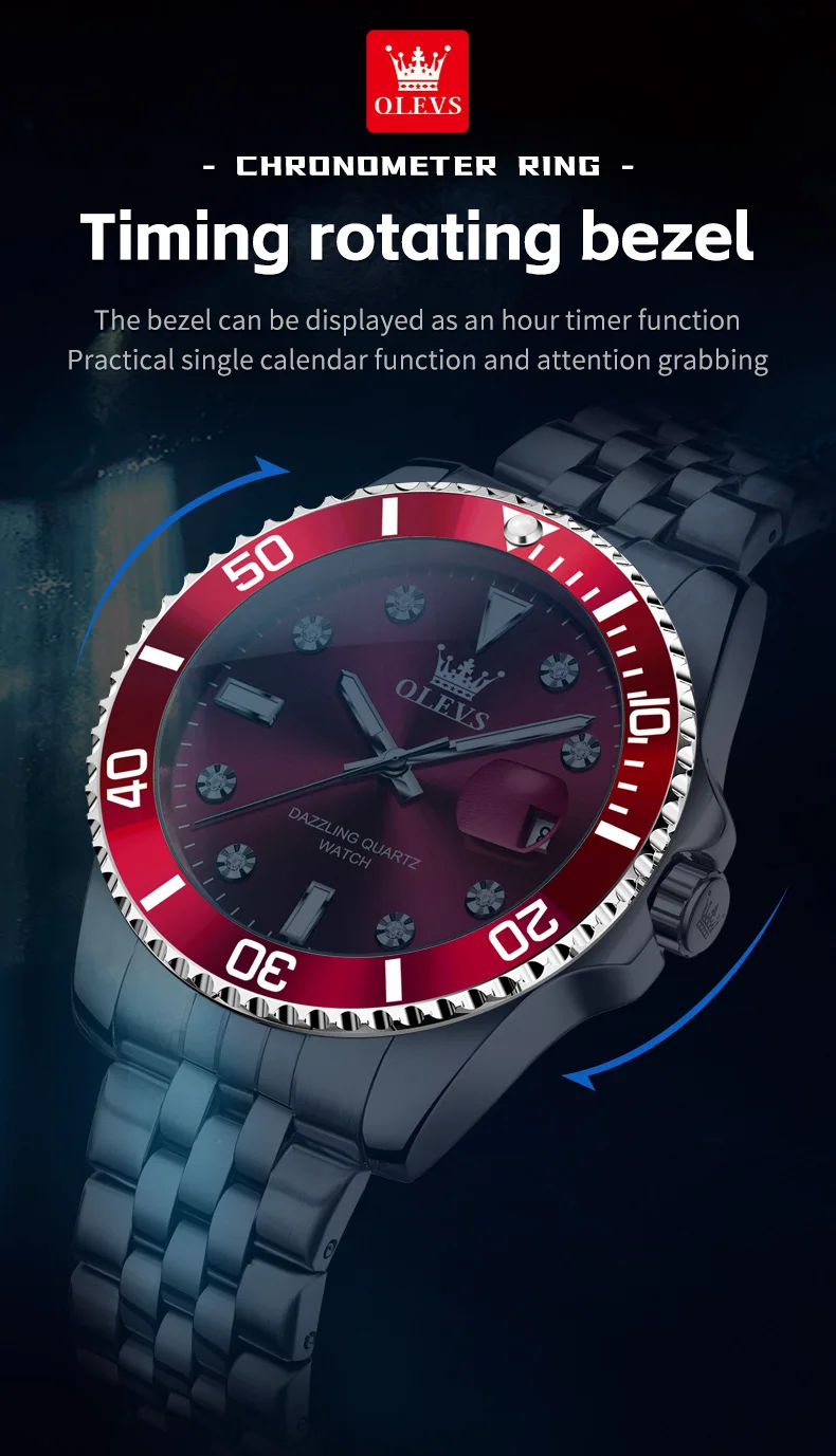 OLEVS 9809 ساعة رجالية موضة توقيت الدورية الحافة الفولاذ المقاوم للصدأ مقاوم للماء مضيئة تاريخ فاخر الأصلي ساعات كوارتز رجالية