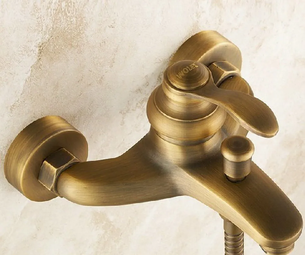 Imagem -02 - Vintage Retro Bronze Antigo Único Punho Fixado na Parede do Banheiro Banheira Chuveiro Torneira Misturadora com Handshower Mtf028