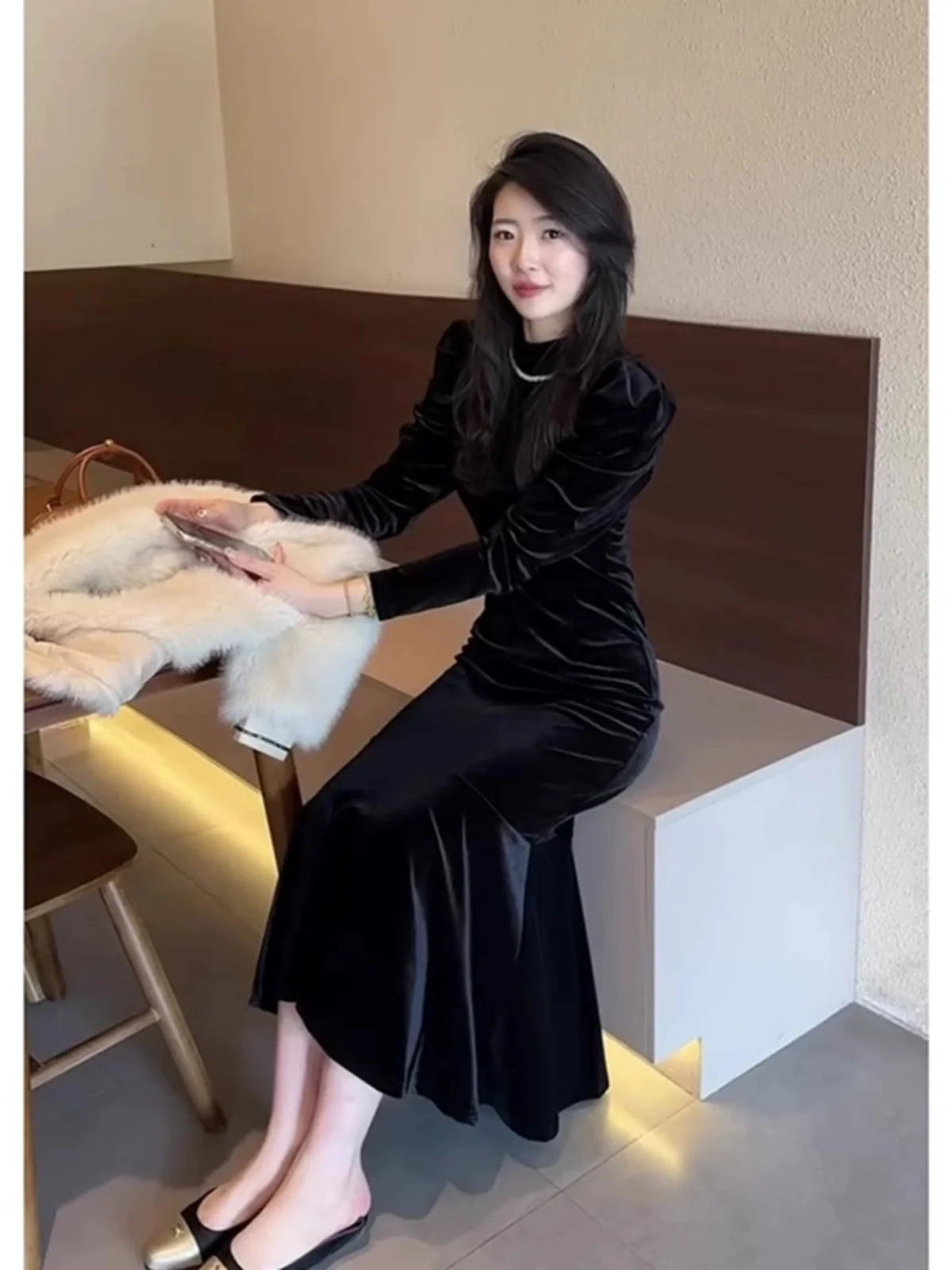 

Hebe Sle Birthday Velvet Dr Women's Bla Long Sve High Waist Faionable Evening Gown for Par Wedding Anniversary