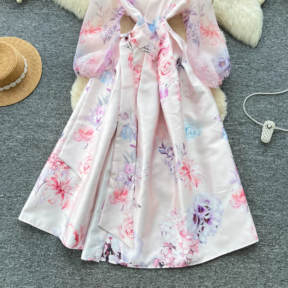 Clothland femmes élégant robe portefeuille en Satin à fleurs croix col en V à manches longues ceintures une ligne Vintage robes Maxi Vestido QE275