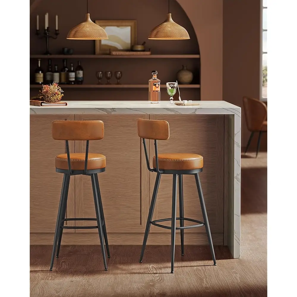 Ekho Collection - Bar Stools Set Of 2, Swivel Bar Height Bar Stools With Back, Synthetic Leather With Stitching, Mid- Modern,