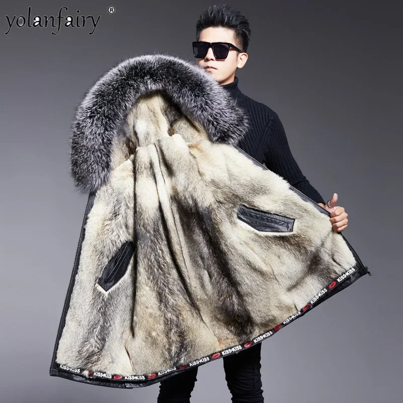 Real Fur Coat Men's Fur Parkas Pure Cowhide Genuine Leather Jacket Men Wolf Fur Liner Winter Hooded Jackets for Male Clothing FC