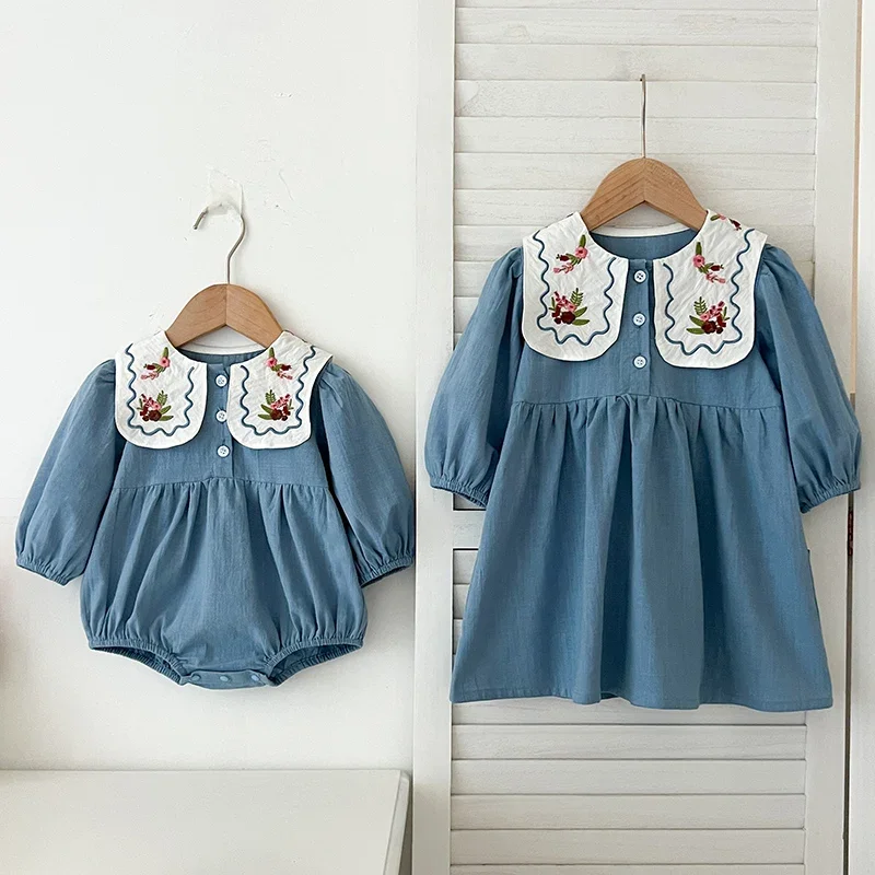 Spring Sister Baby Girl Party Dress Long Sleeved Cotton Flower Embroidery Sister Clothes Kids Princess Dress Baby Girl Rompers