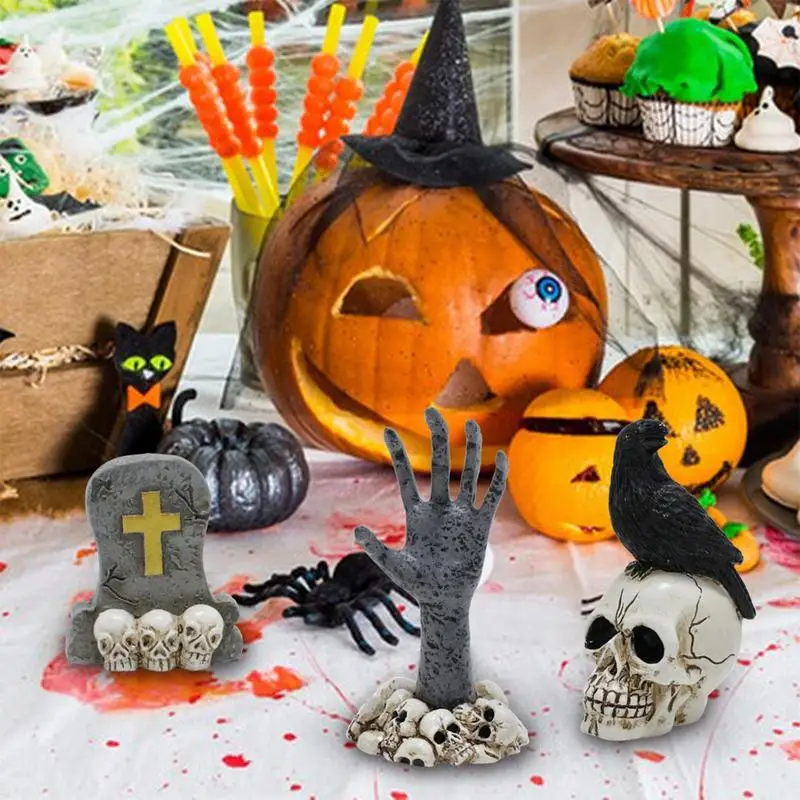 Horror Figurines Small Skull Hand Tombstone Resin Decors 3 PCS Halloween Miniature Resin Crafts Collectible Sculpture Set Party