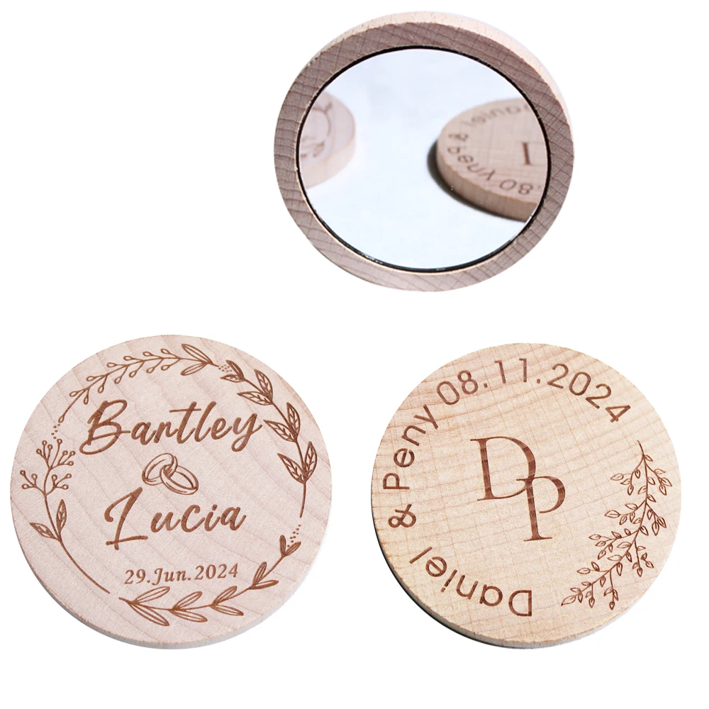 Kişiselleştirilmiş kazınmış dairesel ahşap aynalar özelleştirilmiş ahşap cep makyaj aynası düğün hediye önerisi Hen parti
