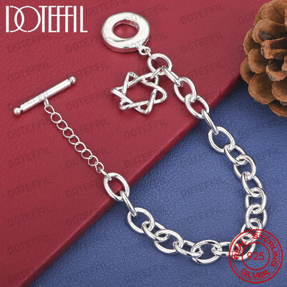 925 Sterling Silver 8-inch Delicate Six-Pointed Star OT Clasp Bracelet for Women, Party Gift, Wedding Jewelry Accessories