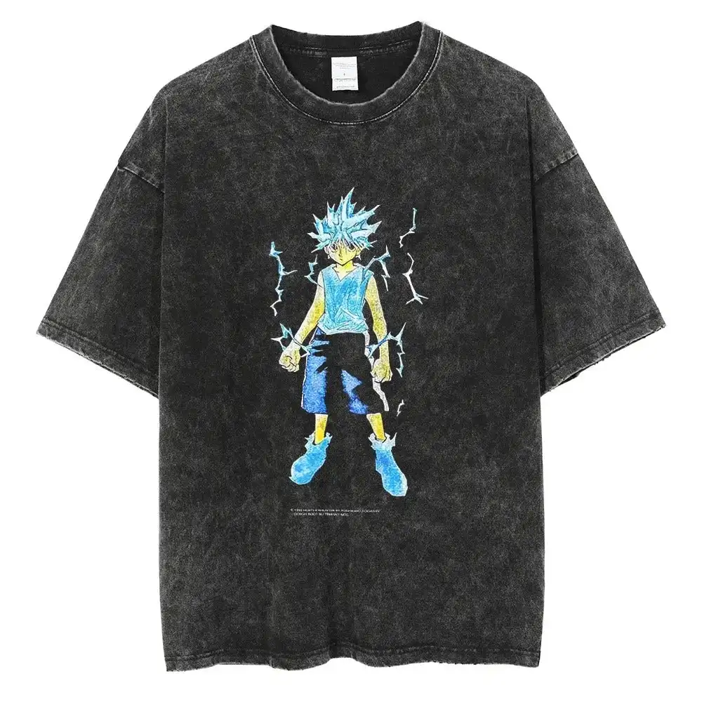 

Hunter X Hunter Killua Zoldyck Godspeed Lightning Aura Vintage Washed Anime Print T Shirt Men 2026 Summer Casual Streetwear