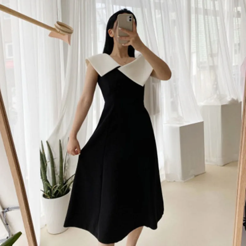 

Black Elegant Women's Lapel Stitching Summer Dress 2022 New Ladies Temperament Vintage Sleeveless High Waisted Dress