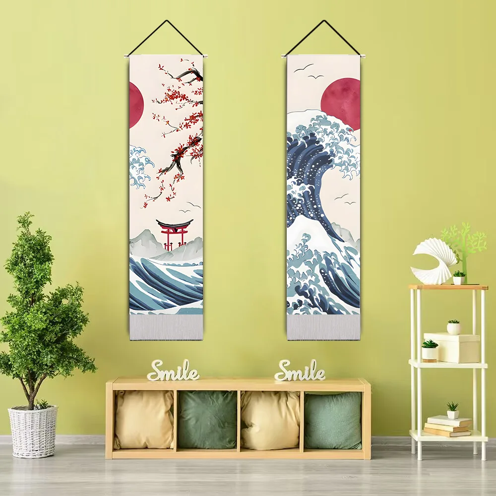 Japanese Ukiyo-e Painting Tapestry Red Sun and Cherry Blossom Tassel Bedroom Living Room Decoration Canvas Painting