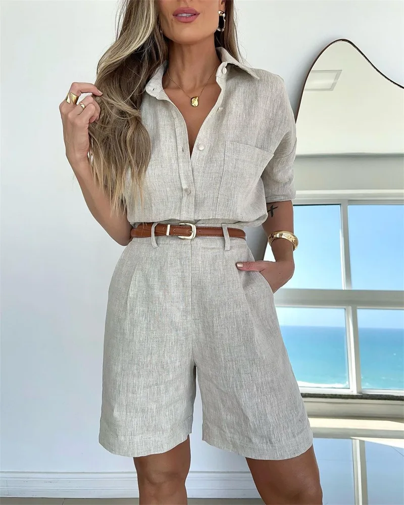 

Commuting Two Piece Sets Women Outfits 2024 Spring Summer Lapel Shorts Suit Cardigan Long Sleeve Tops Loose Short Pants Belt