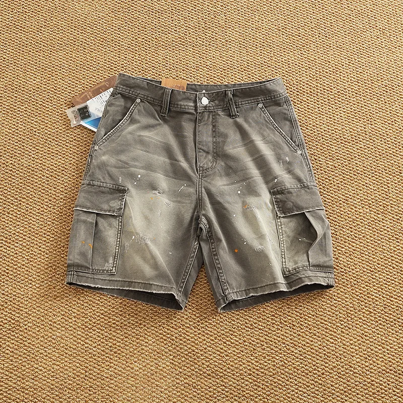 

2025 summer new high-end woven workwear shorts for men, splashed ink multi pocket retro denim five quarter pants