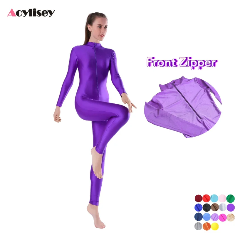 Woman Black Unitard Front Zipper Spandex Bodysuit Ballet Dance Wear Adults Men Mock Neck Aerial Yoga Bodycon Costumes