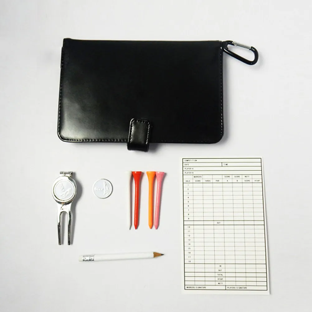 

Real Golf Scorecard Holder Organizer with Stainless Steel Divot Tool Ball Marker Tees Pencil Scorebook Carabiner Clip