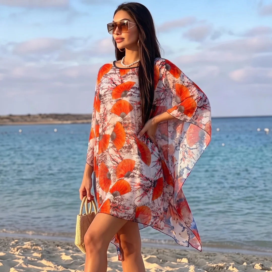 Summer Bohemian Floral Print Chiffon Abaya Dress Ladies Round Neck Irregular Hem Loose Kaftan Beach Modest Robe