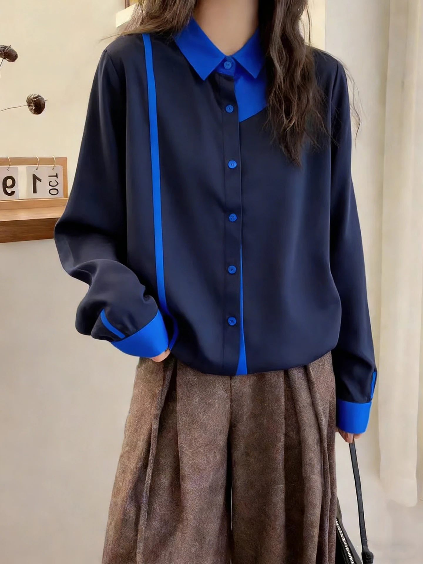 

Loose Color Block Collar Long Sleeve Commute Comfortable Women's Shirt Korean Style Spring Fashion High End Feeling Top
