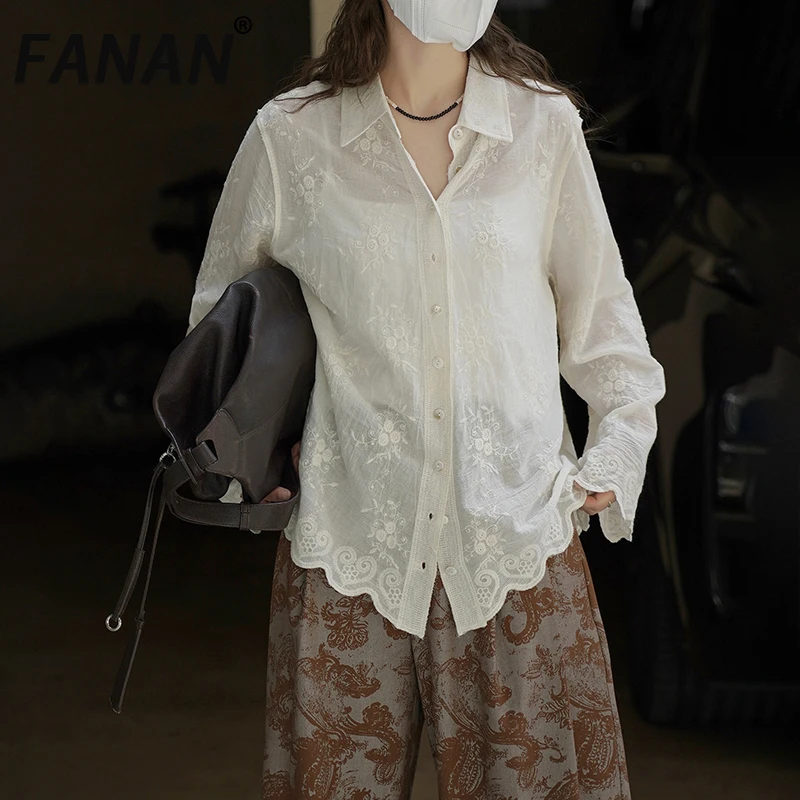 

FANAN Elegant Embroidery Shirts For Women Lapel Single Breasted Long Sleeve Office Lady Fit Blouses Female 2025 Autumn New