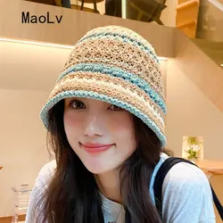 Ladies Rainbow Striped Hand Crochet Bucket Hat Straw Hand Summer UV Protection Beach Foldable Sun Hat Fashion Bucket Beach Hat