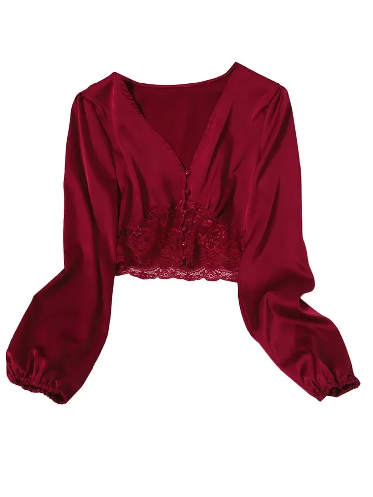 Autumn Spring Blouse V-neck Button-breasted Lantern Sleeve Satin Short Shirt Female  Splicing Lace Solid Color Tops GX1157