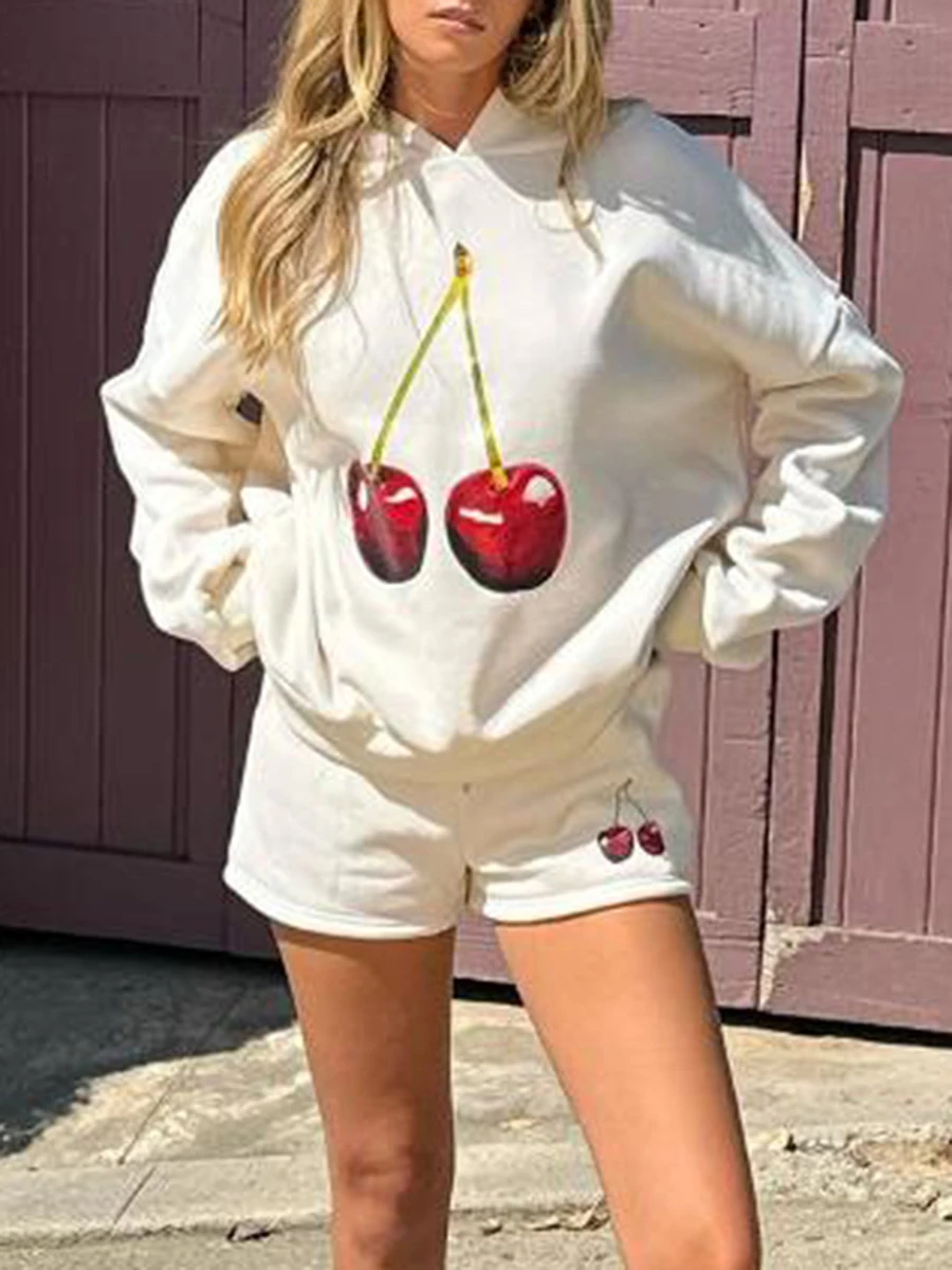 

Autumn Women'S Cute Casual Long Sleeved Hooded Sweatshirt Long Sleeved Cherry Print Hooded Sweatshirt Pullover Casual Top